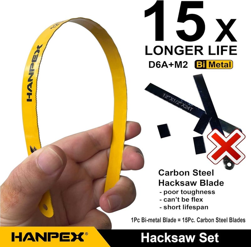 Hanpex 12in. High-Tension Hacksaw Frame with 10pcs Extra Bi-metal Blades, Hand Saw Suitable for Metal, wood, PVC, Carpentry - Image 2